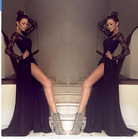 Sexy V-Back Long Sleeve See Through Black Lace Tulle Side Slit Prom Dresses, BG0256