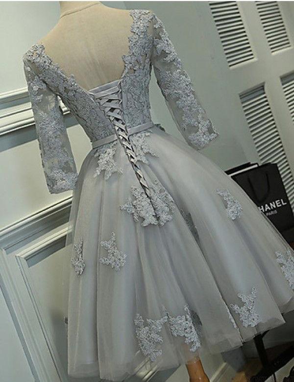 Long Sleeves Grey Lace Short Cheap Homecoming Dresses Online, BDY0282