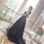 Elegant Sparkle Long A-line Ball Gown Navy Blue Tulle Rhinestone Prom Dresses, BG0268