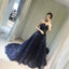 Elegant Sparkle Long A-line Ball Gown Navy Blue Tulle Rhinestone Prom Dresses, BG0268