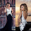 V-neck White Lace Top Black Satin Long Mermaid Sexy Backless Prom Dresses, BG0269