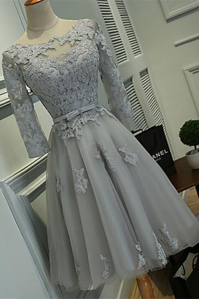 Long Sleeves Grey Lace Short Cheap Homecoming Dresses Online, BDY0282