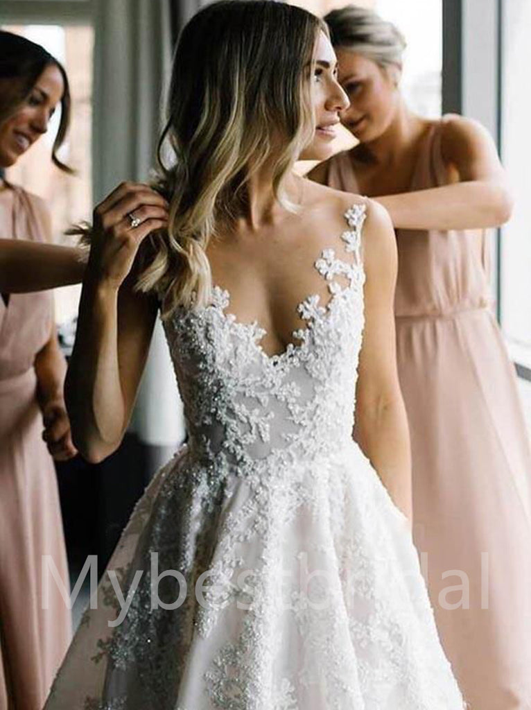 Sexy V-neck Spaghetti straps A-line Lace applique Wedding Dresses,WDY0312