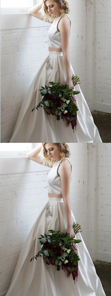 Two Piece White Satin Prom Dress With Beading Pockets ,Cheap Prom Dresses,PDY0400