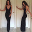 Sexy V-neck Spaghetti Black Jersey Long Mermaid Simple Long Prom Dresses, BG0277