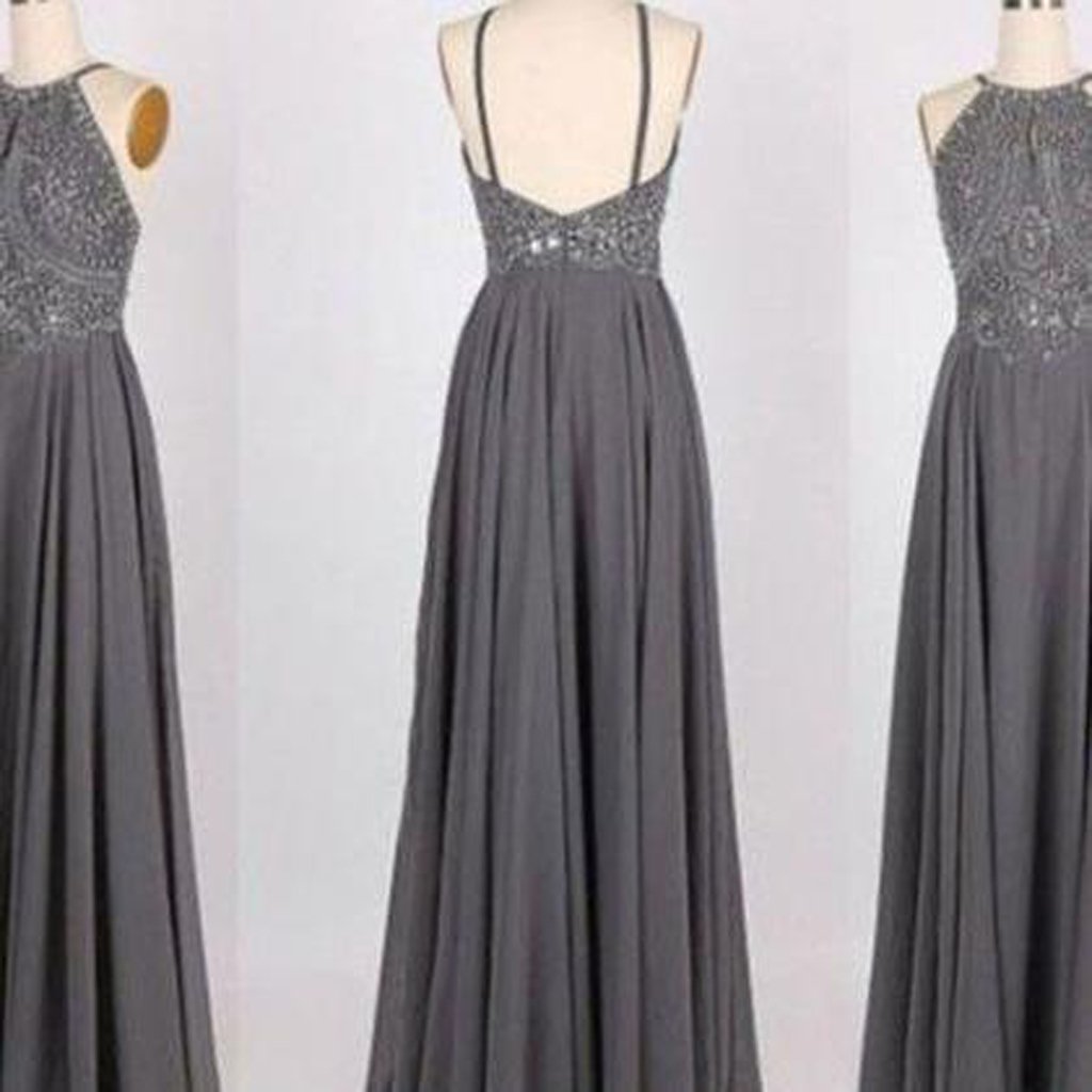 Hot Selling A-Line Prom Dress,Halter Gray Backless Prom Gown,Long Beading Prom Dress,Gray Evening Dress , PDY0180