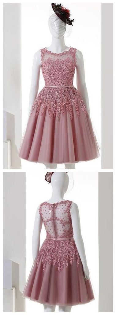 Pink Illusion See Through Lace Beaded Short Cheap Homecoming Dresses Online, BDY0345