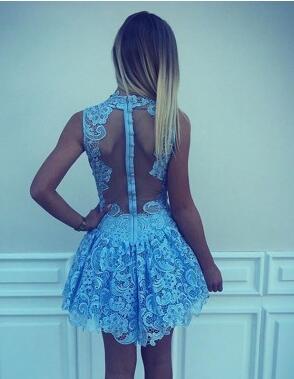 High Neck Blue Lace Illusion Short Cheap Homecoming Dresses Online, BDY0281