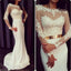 Popular Round Neck White Lace Jersey Long Sleeve Mermaid Prom Dresses with Gold Belt, BG0283