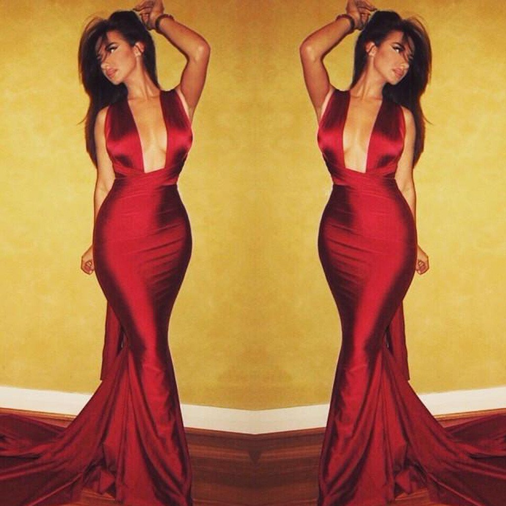 Sexy Halter Red Satin Long Mermaid Cheap Popular Prom Dresses, BG0292