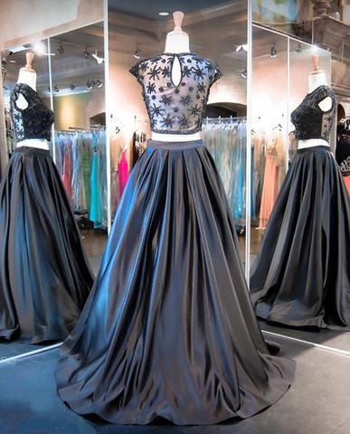 Two Pieces Black Beaded Satin Cap Sleeve Long A-line Prom Dresses, BG0299