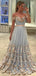 Light Blue A-line Off-shoulder Long Prom Dresses With Lace Applique,PDY0375