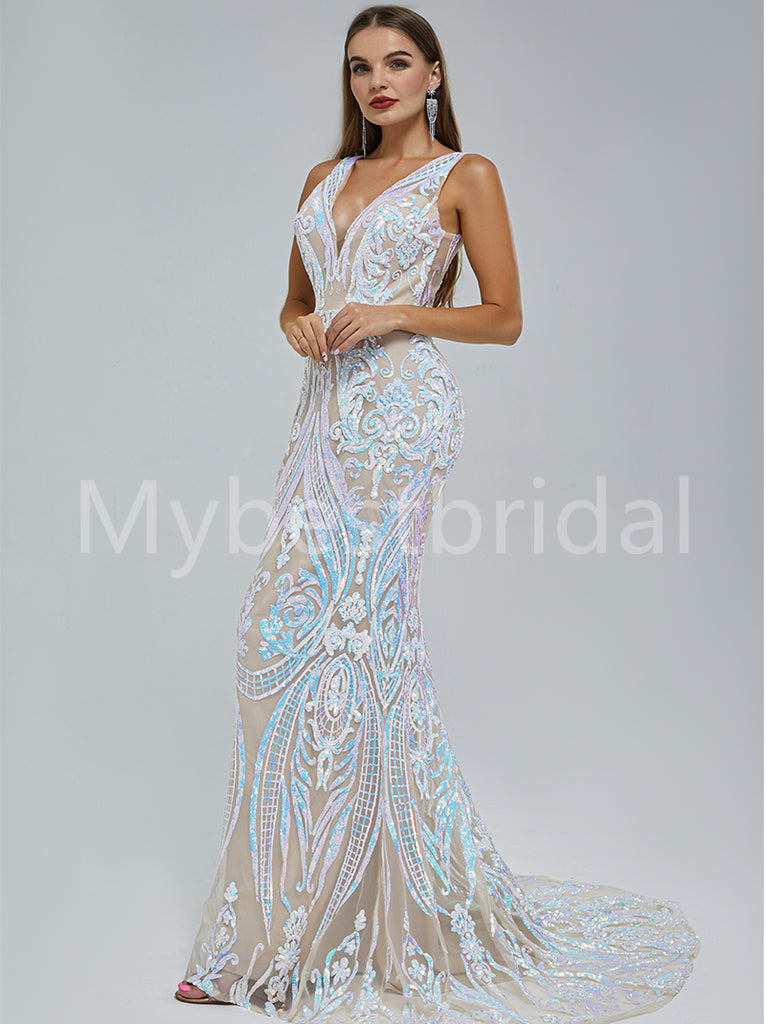 Elegant V-neck Sleeveless Mermaid Prom Dresses, PDS0508