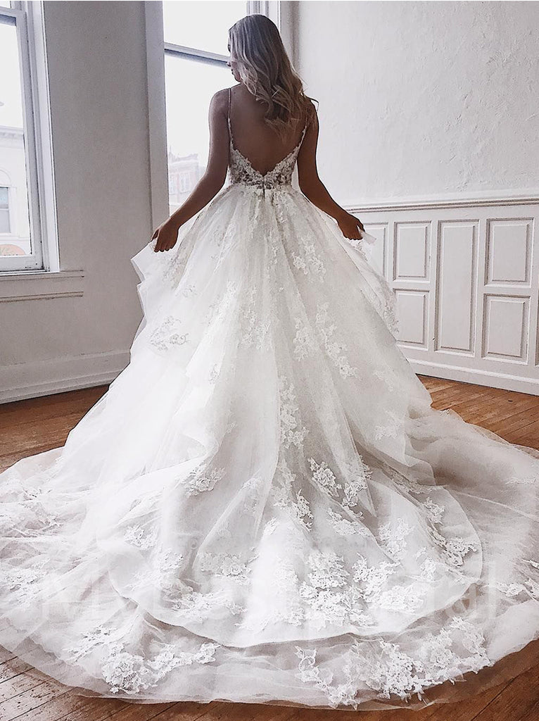 Sexy V-neck Spaghetti straps A-line Lace applique Wedding Dresses,WDY0313