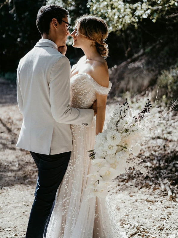 Off Shoulder Lace Appliqued Tulle A-line Long Cheap Wedding Dresses, WDS0061