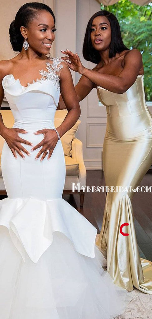 Sexy Gold Simple Mermaid Long Bridesmaid Dresses, BDS0132