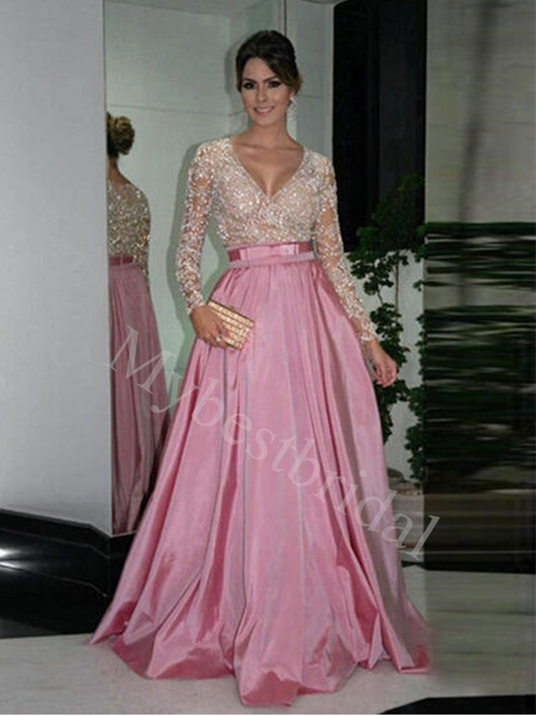 Elegant V-neck Long sleeves A-line Prom Dresses,PDS0808