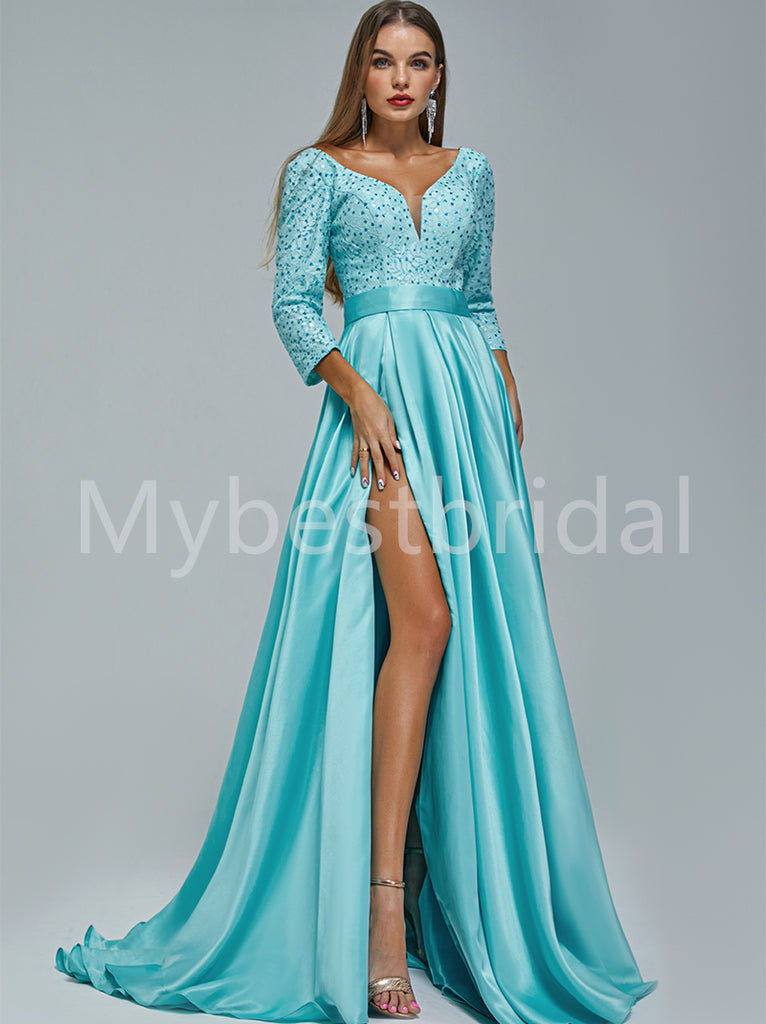 Sexy V-neck Long sleeves Side slit A-line Prom Dresses,PDS0518