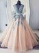 V-neck Blue Lace Ball Gown Long Evening Prom Dresses,Cheap Prom Dresses,PDY0500