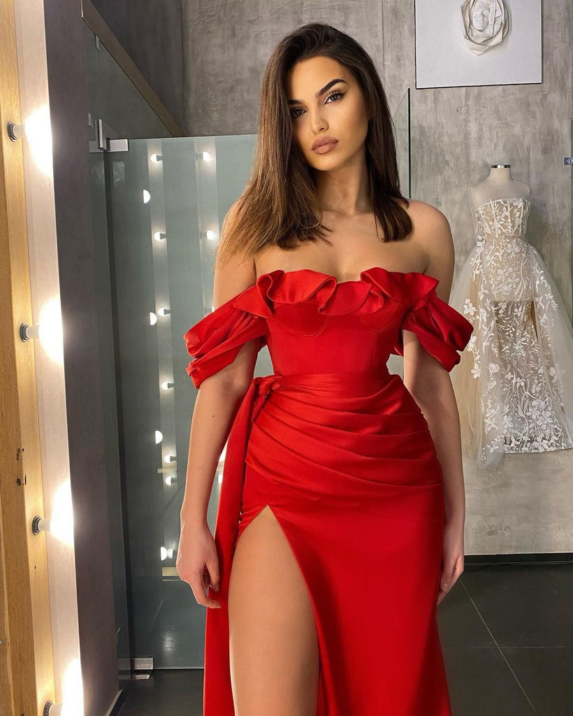 Gorgerous Off-shoulder Side Slit Satin Red Long Prom Dresses, PDS0257