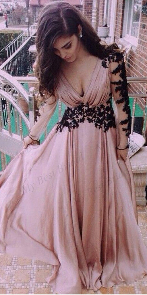 V-Neck Long Sleeve Pink Lace Evening Dresses ,Cheap Prom Dresses,PDY0582