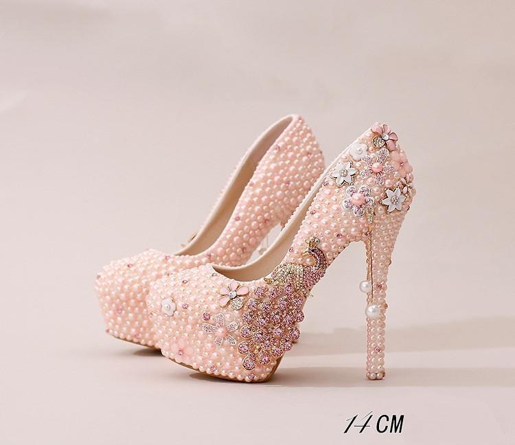 Handmade High Heels Round Toe Pearls Crystal Wedding Shoes, SY0112