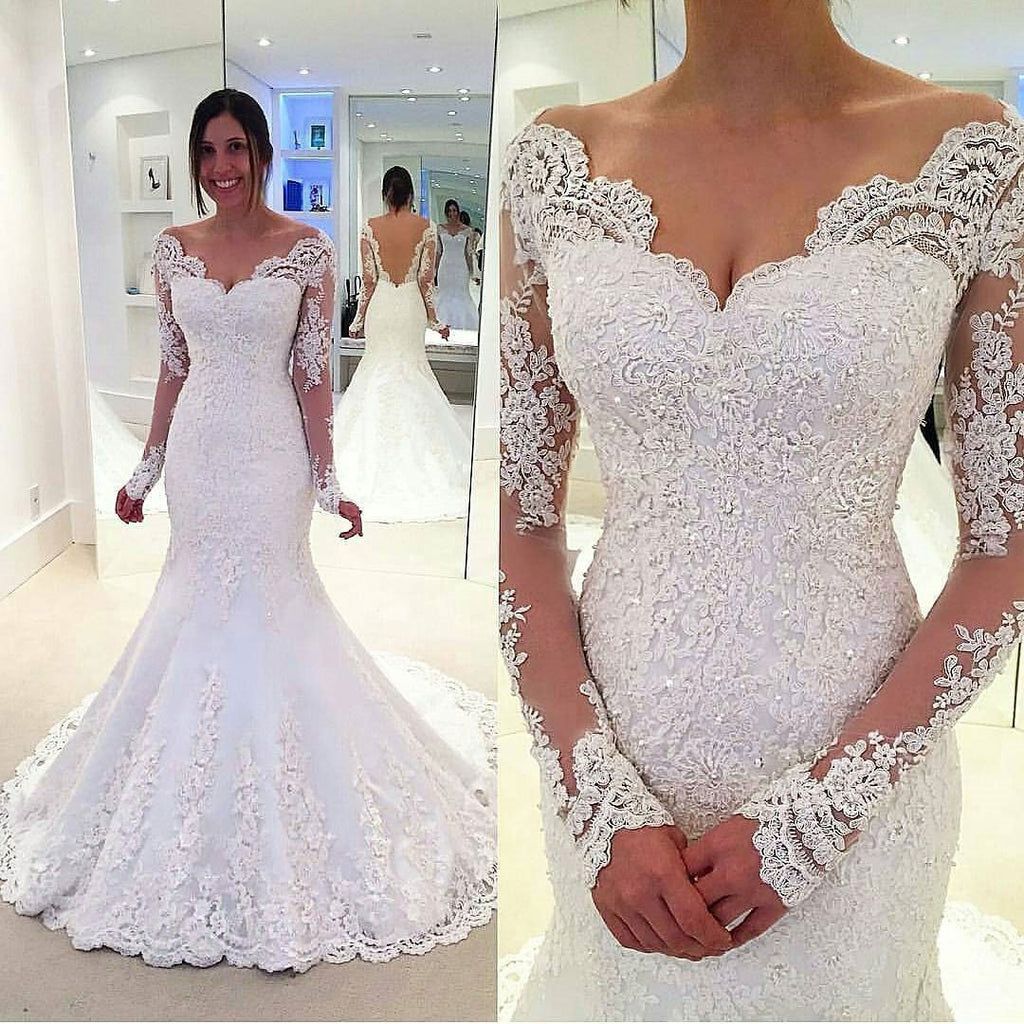 Long Sleeve Off Shoulder Mermaid Lace Custom Wedding Dresses Online, WDY0218