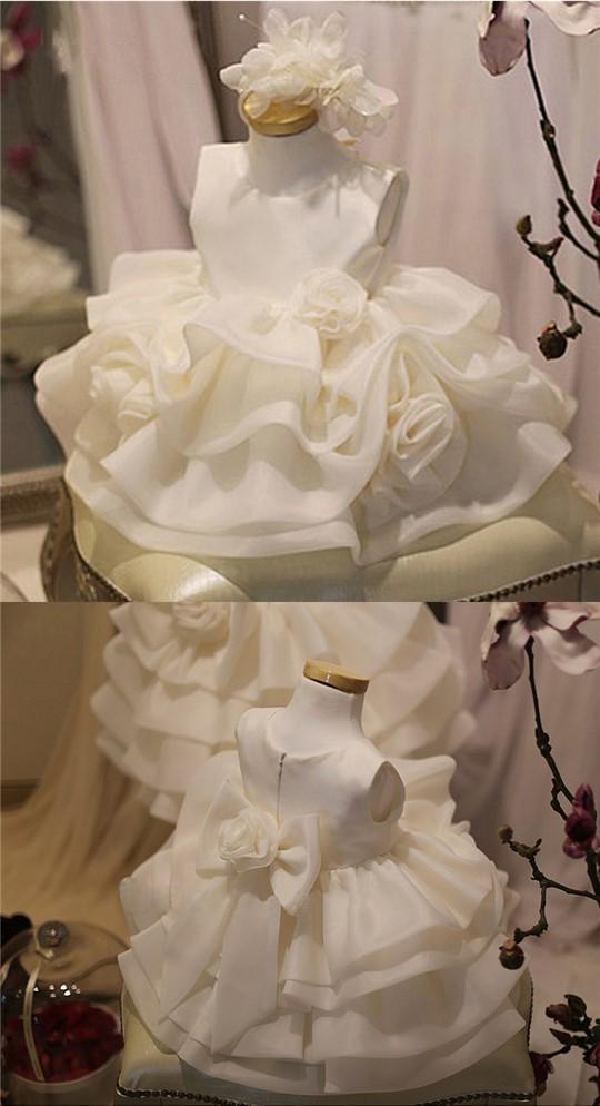 Ivory Satin Sleeveless Cute Flower Girl Dresses With Bow, Cute Little Girl Dresses, FGY0141
