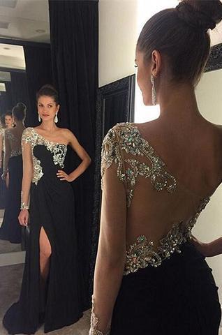 One Shoulder Rhinestone Beaded Long Sheath Side Slit Black Jersey Prom Dresses, BG0300