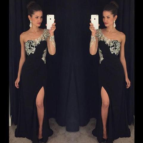 One Shoulder Rhinestone Beaded Long Sheath Side Slit Black Jersey Prom Dresses, BG0300