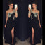 One Shoulder Rhinestone Beaded Long Sheath Side Slit Black Jersey Prom Dresses, BG0300