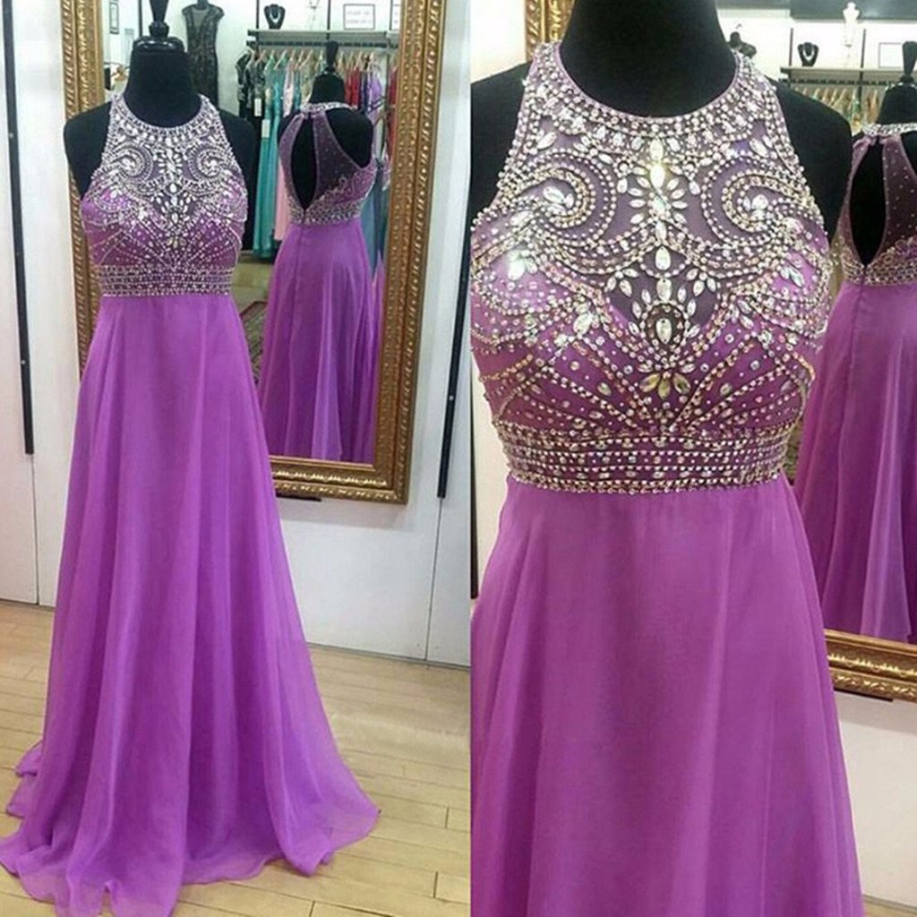 Round Neck Open Back Rhinestone Top Beaded Long A-line Purple Chiffon Prom Dresses, BG0308