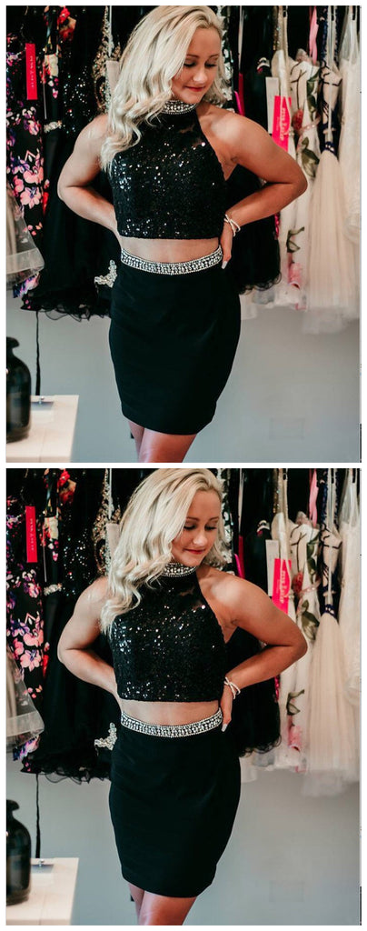 Two Piece Sheath Black Satin Homecoming Dress with Beading,Short Prom Dresses,BDY0362