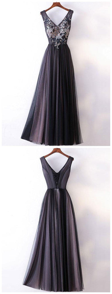 A-line V-neck Lace Appliqued Black Prom Dresses ,Cheap Prom Dresses,PDY0426