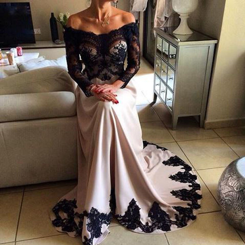 Off Shoulder Black Lace Top Long Sleeve Sheer Long A-line Prom Dresses, BG0310