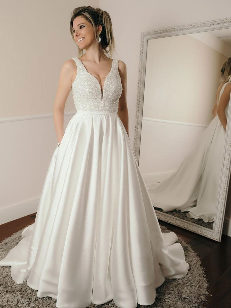 Sexy Backless V Neck A-line Custom Wedding Dresses Online, WDY0219