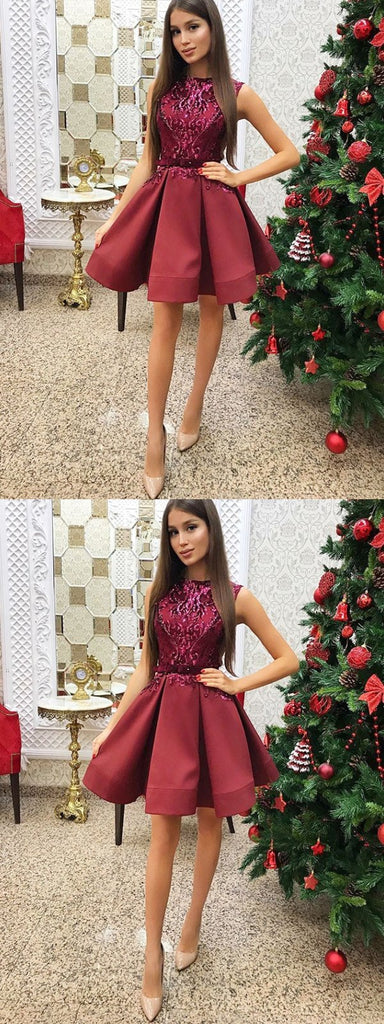 A-Line Burgundy Satin Sequins Homecoming Dress With Sash,Short Prom Dresses,BDY0338