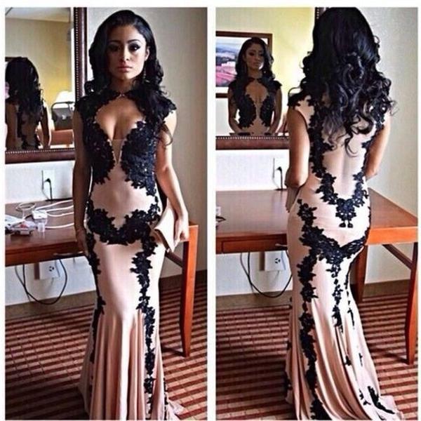 Sexy Nude Jersey Black Lace Long Mermaid New Arrival Prom Dresses, BG0324