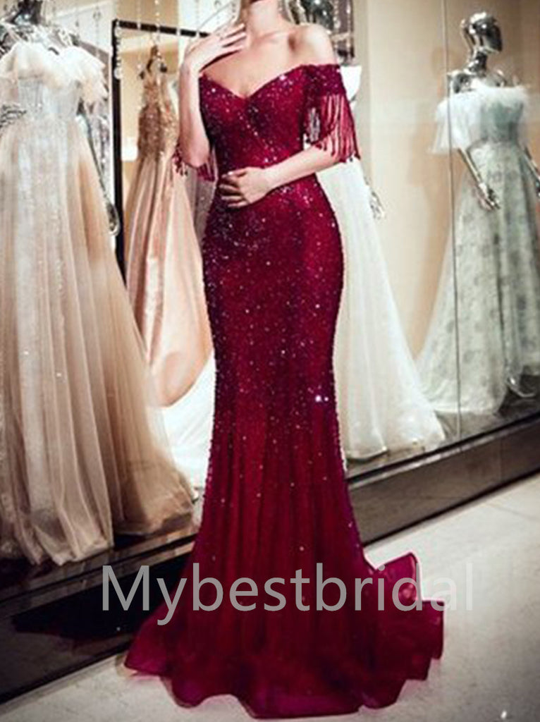Elegant V-neck Off- shoulder Mermaid Prom Dresses , PDS0401