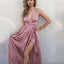 A-Line V-Neck Criss-Cross Back Blush Prom Dress With Split,Evening Party Dresses,PDY0261