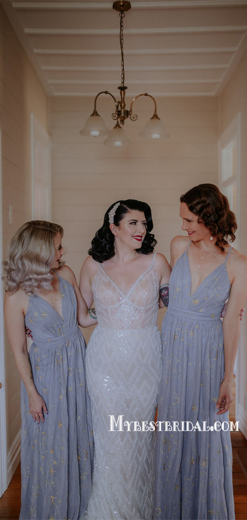 Elegant V-neck Floor-length Tulle Long Bridesmaid Dresses, BDS0150