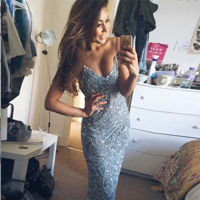 Mermaid V-Neck Sweep Train Backless Blue Prom Dress with Beading,Evening Dresses . PDY0217