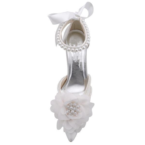 Pearls Women Wedding Shoes With Ribbons Lace Up Party Shoes Pointed Toes, SY0125