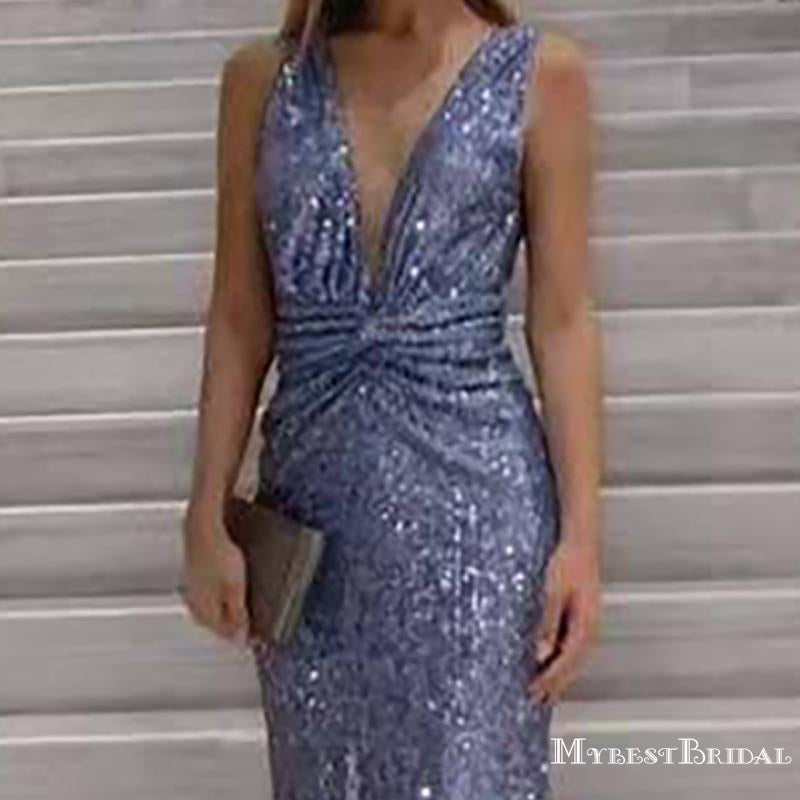 New Arrival Sexy Deep V-neck Sparkly Sleeveless Sequin Long Cheap Mermiad Prom Dresses, TYP0117