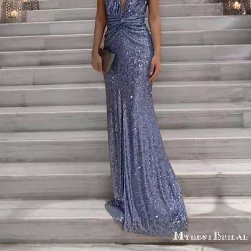 New Arrival Sexy Deep V-neck Sparkly Sleeveless Sequin Long Cheap Mermiad Prom Dresses, TYP0117