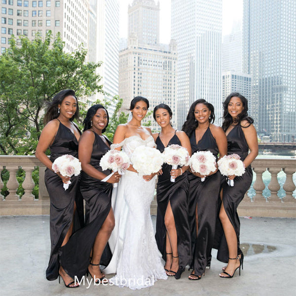 Spaghetti straps V-neck Side slit Floor-length Elegant Simple Long Bridesmaid Dressess, BDS0267