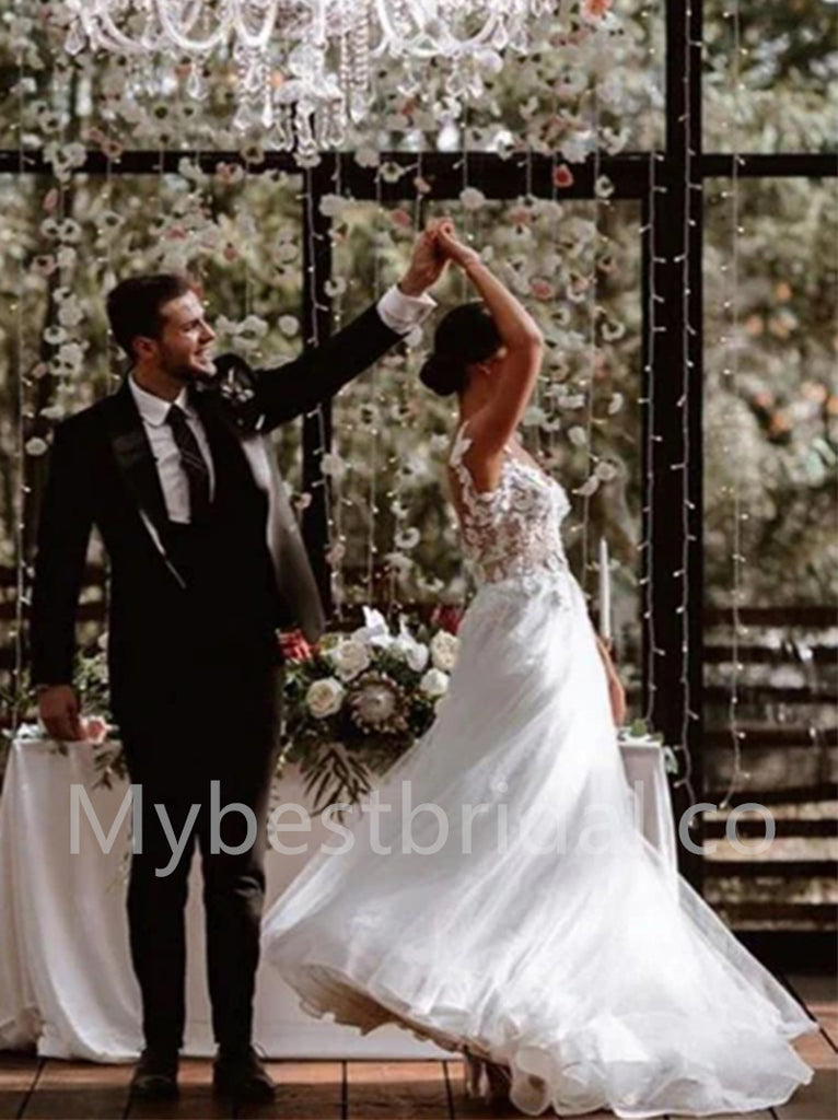 Elegant V-neck Off shoulder  A-line lace applique Wedding Dresses, WDY0281