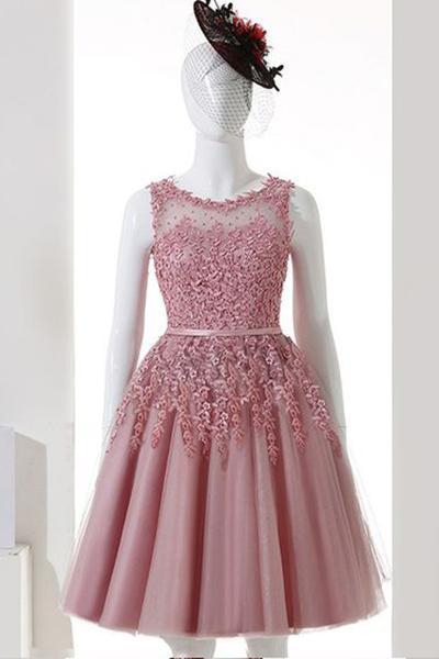 Pink Illusion See Through Lace Beaded Short Cheap Homecoming Dresses Online, BDY0345