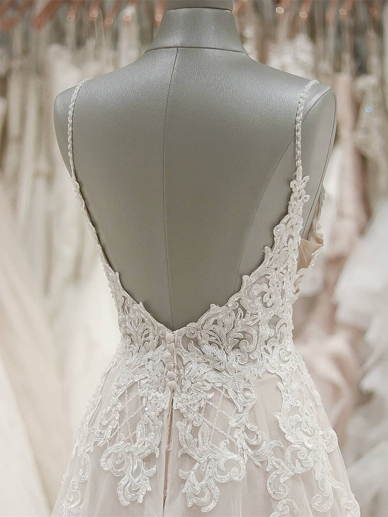 Sweetheart Spaghetti Straps Floor-length A-line Lace Cheap Wedding Dresses, WDY0138