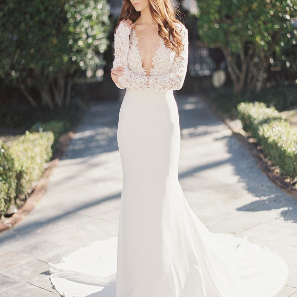 Sexy Deep V-Neck Lace Top Mermaid Wedding Party Dresses, long sleeve wedding gown ,WDY0104